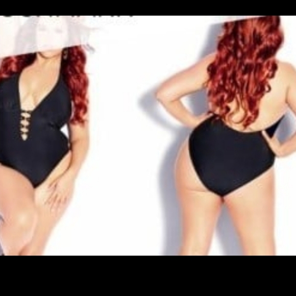 NWT City Chic CCX Gidget 1pc. WOMENS SZ 20 Black Swimsuit halter Plunge LOW back - Picture 11 of 11